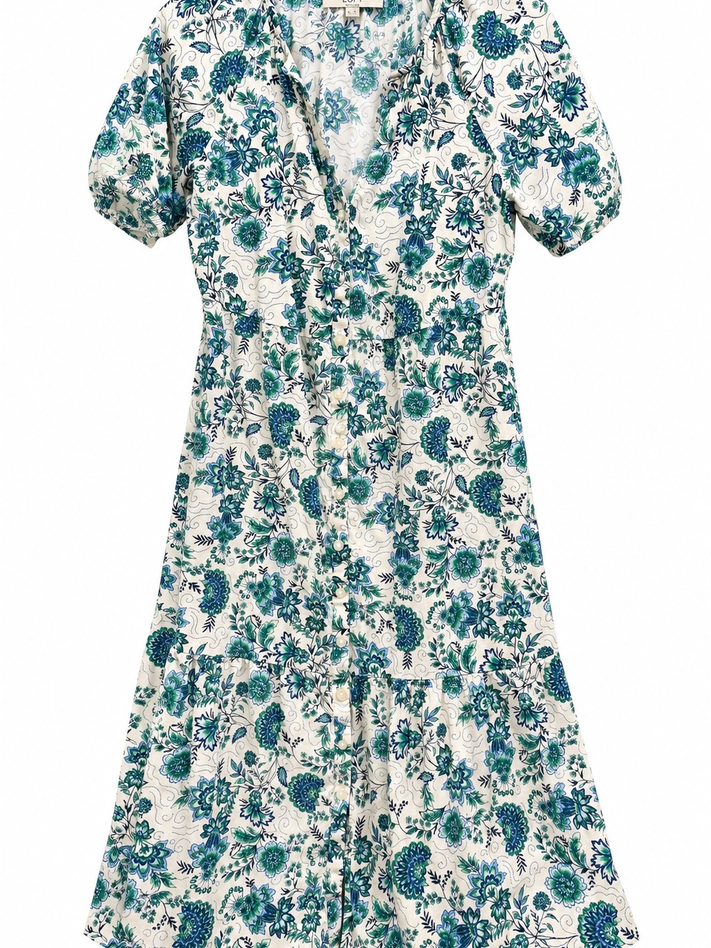 LOFT White Midi Dress with Blue & Teal Floral Print